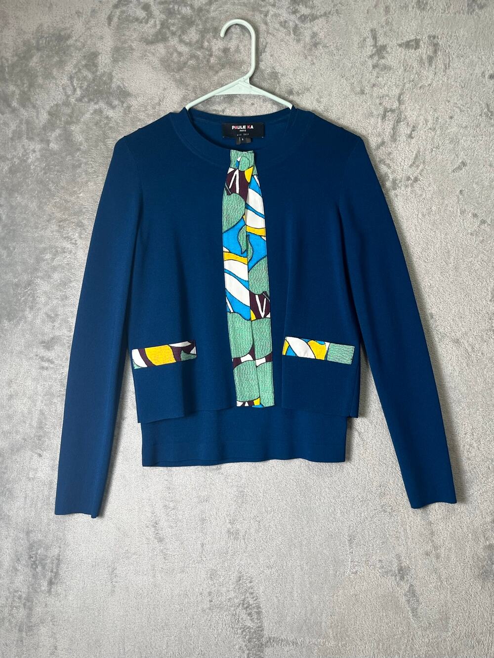 Paule Ka Paris Blue Open Front Cardigan & Shirt Contrast Trim Small Work Office